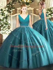 Teal Sleeveless Beading Floor Length Quinceanera Gowns