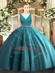 Teal Sleeveless Beading Floor Length Quinceanera Gowns