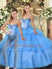Extravagant Baby Blue Quinceanera Dresses Military Ball and Sweet 16 and Quinceanera with Beading and Ruffled Layers Sweetheart Sleeveless Lace Up