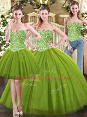 Extravagant Beading Vestidos de Quinceanera Olive Green Lace Up Sleeveless Floor Length