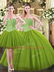 Extravagant Beading Vestidos de Quinceanera Olive Green Lace Up Sleeveless Floor Length