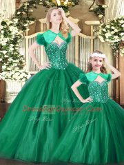 Green Sleeveless Tulle Lace Up 15 Quinceanera Dress for Military Ball and Sweet 16 and Quinceanera