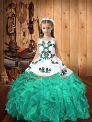 Fashion Sleeveless Floor Length Embroidery and Ruffles Lace Up Kids Formal Wear with Turquoise