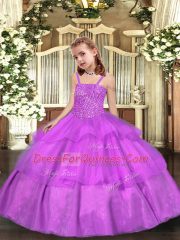 Sleeveless Floor Length Beading and Ruffled Layers Lace Up Child Pageant Dress with Lilac
