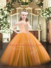 Unique Floor Length Orange Kids Pageant Dress Off The Shoulder Sleeveless Lace Up