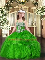 Straps Sleeveless Organza Little Girl Pageant Gowns Appliques and Ruffles Lace Up