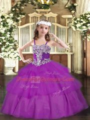 Custom Made Organza Straps Sleeveless Lace Up Appliques and Ruffled Layers Kids Formal Wear in Fuchsia
