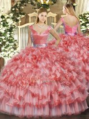 Floor Length Ball Gowns Sleeveless Watermelon Red Ball Gown Prom Dress Zipper
