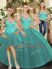Turquoise Lace Up Quinceanera Gowns Beading Sleeveless Floor Length