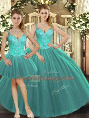 Turquoise Lace Up Quinceanera Gowns Beading Sleeveless Floor Length