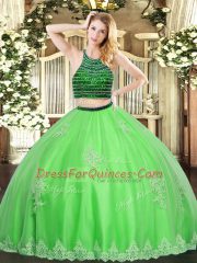 Low Price Beading and Appliques Sweet 16 Dresses Green Zipper Sleeveless Floor Length