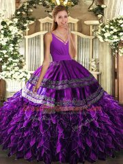 Enchanting Eggplant Purple Ball Gowns Organza V-neck Sleeveless Beading and Appliques and Ruffles Floor Length Lace Up Quinceanera Gown