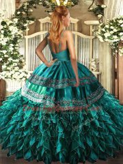 Perfect Beading and Appliques and Ruffles 15th Birthday Dress Blue Side Zipper Sleeveless Floor Length