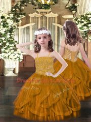 Spaghetti Straps Sleeveless Winning Pageant Gowns Floor Length Beading and Ruffles Brown Tulle
