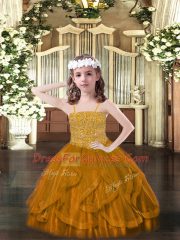 Spaghetti Straps Sleeveless Winning Pageant Gowns Floor Length Beading and Ruffles Brown Tulle