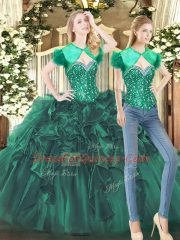 Customized Dark Green Quinceanera Gown Military Ball and Sweet 16 and Quinceanera with Beading and Ruffles Sweetheart Sleeveless Lace Up