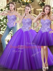 Stylish Eggplant Purple Ball Gowns Tulle Sweetheart Sleeveless Beading Floor Length Lace Up Quinceanera Dresses