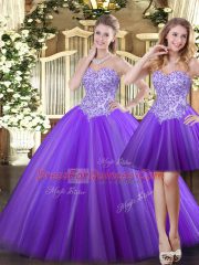 Stylish Eggplant Purple Ball Gowns Tulle Sweetheart Sleeveless Beading Floor Length Lace Up Quinceanera Dresses