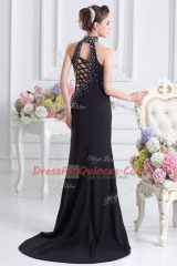 Pretty Dark Purple Column/Sheath Halter Top Sleeveless Elastic Woven Satin Sweep Train Zipper Beading Prom Party Dress