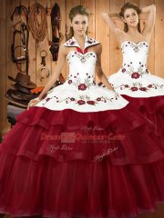 Perfect Sleeveless Organza Sweep Train Lace Up Sweet 16 Dresses in Wine Red with Embroidery and Ruffled Layers