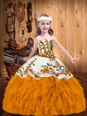 Glorious Gold Straps Neckline Embroidery and Ruffles Little Girls Pageant Dress Wholesale Sleeveless Zipper