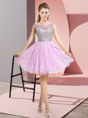 Exceptional Lilac Empire Lace Scoop Cap Sleeves Beading Mini Length Backless