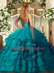 Decent Blue Sleeveless Fabric With Rolling Flowers Backless Ball Gown Prom Dress for Military Ball and Sweet 16 and Quinceanera