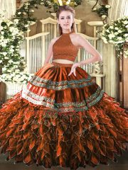 Hot Selling Floor Length Rust Red Vestidos de Quinceanera Halter Top Sleeveless Backless