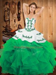 Extravagant Strapless Sleeveless Satin and Organza Quinceanera Dress Embroidery and Ruffles Lace Up