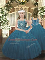 Teal Sleeveless Beading Floor Length Little Girls Pageant Gowns