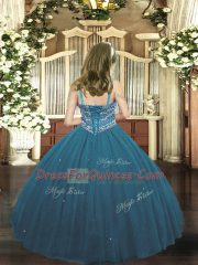 Teal Sleeveless Beading Floor Length Little Girls Pageant Gowns