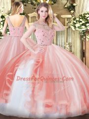 Floor Length Peach Vestidos de Quinceanera Tulle Sleeveless Beading and Ruffles