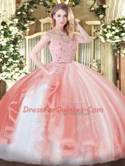 Floor Length Peach Vestidos de Quinceanera Tulle Sleeveless Beading and Ruffles