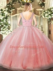 Floor Length Peach Vestidos de Quinceanera Tulle Sleeveless Beading and Ruffles