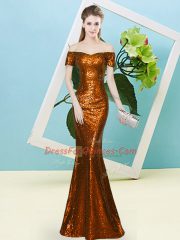 Charming Rust Red Short Sleeves Sequins Floor Length Prom Party Dress
