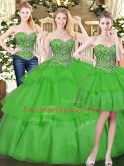 Fashionable Green Three Pieces Beading and Ruffled Layers Quinceanera Dress Lace Up Organza Sleeveless Floor Length