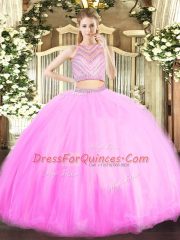 Romantic Sleeveless Tulle Floor Length Zipper 15 Quinceanera Dress in Lilac with Beading