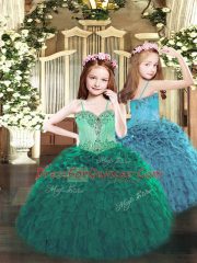 Glorious Dark Green Ball Gowns Beading and Ruffles Quinceanera Gown Lace Up Tulle Sleeveless Floor Length