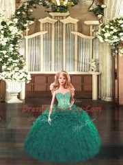 Glorious Dark Green Ball Gowns Beading and Ruffles Quinceanera Gown Lace Up Tulle Sleeveless Floor Length