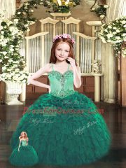 Glorious Dark Green Ball Gowns Beading and Ruffles Quinceanera Gown Lace Up Tulle Sleeveless Floor Length