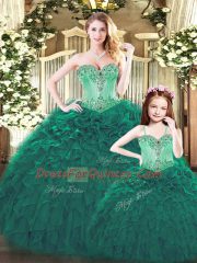 Glorious Dark Green Ball Gowns Beading and Ruffles Quinceanera Gown Lace Up Tulle Sleeveless Floor Length