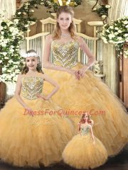 Amazing Gold Sleeveless Organza Lace Up Quinceanera Dresses for Military Ball and Sweet 16 and Quinceanera