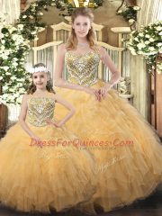 Amazing Gold Sleeveless Organza Lace Up Quinceanera Dresses for Military Ball and Sweet 16 and Quinceanera