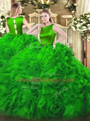 Scoop Sleeveless Clasp Handle Sweet 16 Dress Green Fabric With Rolling Flowers