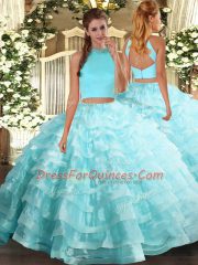 Exquisite Aqua Blue Halter Top Neckline Beading and Ruffled Layers Sweet 16 Quinceanera Dress Sleeveless Backless