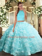 Exquisite Aqua Blue Halter Top Neckline Beading and Ruffled Layers Sweet 16 Quinceanera Dress Sleeveless Backless