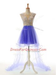 Dazzling High Low Backless Prom Dresses Blue for Prom and Party with Appliques