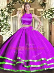 Floor Length Criss Cross Quinceanera Dress Purple for Military Ball and Sweet 16 and Quinceanera with Ruching