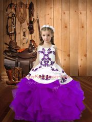 Custom Designed Eggplant Purple Ball Gowns Straps Sleeveless Organza Floor Length Lace Up Embroidery and Ruffles Glitz Pageant Dress