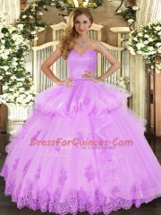 Trendy Lilac Sleeveless Floor Length Beading and Appliques and Ruffles Lace Up Quinceanera Gowns
